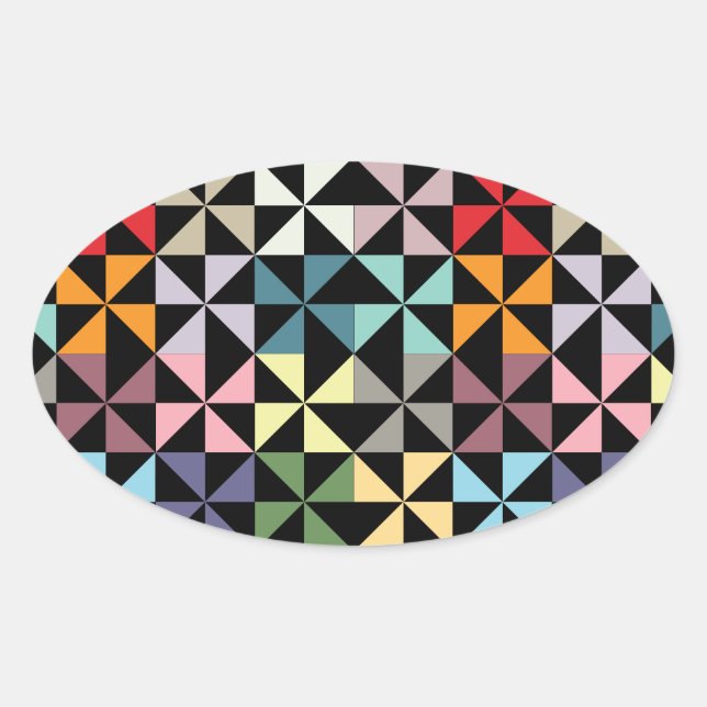 Farbenfrohe Geometrie Pinwheel Schwarz Ovaler Aufkleber (Vorderseite)