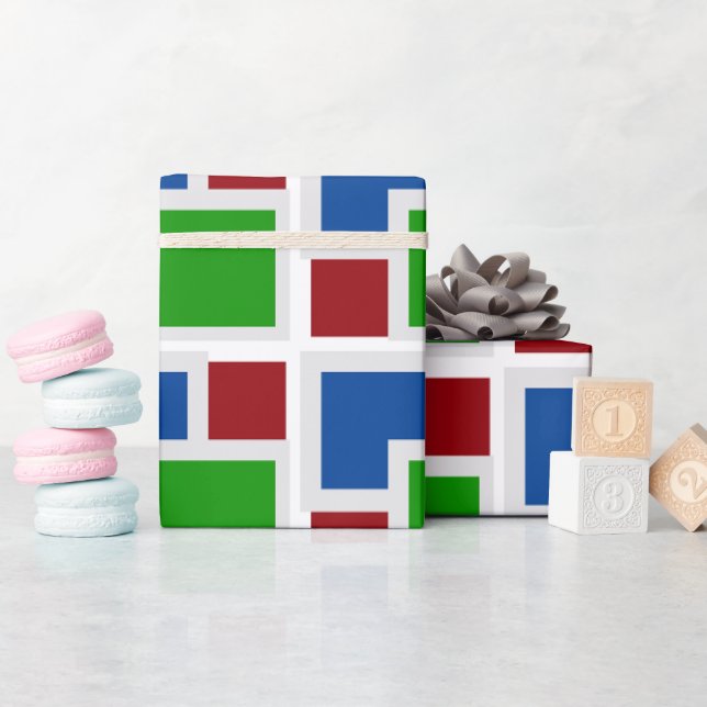 Farbenfrohe geometrische Art Grau Weiß Blau Rot, G Geschenkpapier (Babyparty)