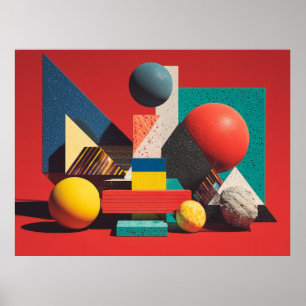 Farbenfrohe geometrische Formen auf rotem Hintergr Poster