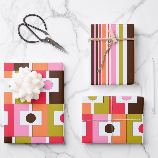 Farbenfrohe geometrische Muster in Retro-Rosa Geschenkpapier Set (Vorderseite)