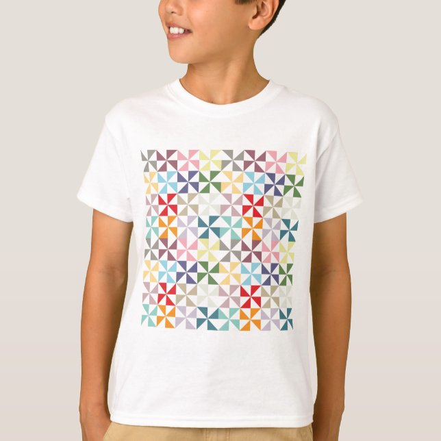 Farbenfrohe geometrische Pinwheel T-Shirt (Vorderseite)