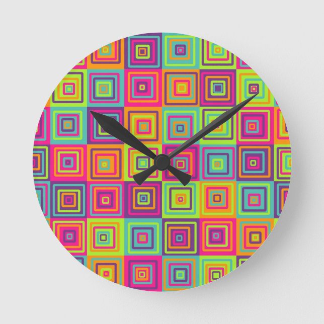 Farbenfrohe geometrische Quadrate Runde Wanduhr (Vorderseite)