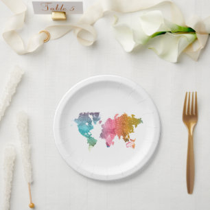 Farbenfrohe geometrische Weltkarte - Trendy Pappteller