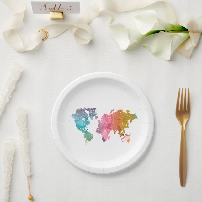 Farbenfrohe geometrische Weltkarte - Trendy Pappteller (Hochzeit)