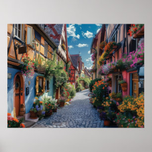 Farbenfrohe gepflasterte Straße mit Blume Poster