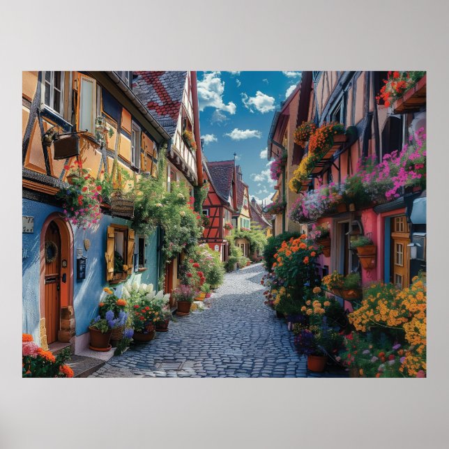 Farbenfrohe gepflasterte Straße mit Blume Poster (Vorne)
