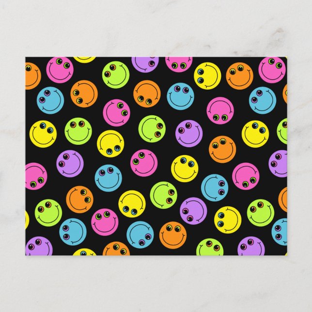 Farbenfrohe Gesichter auf schwarz Postkarte (Vorderseite)