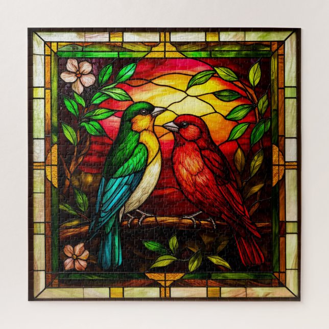 Farbenfrohe gestanzte Gläser, die zwei Vögel erken (Vertikal)