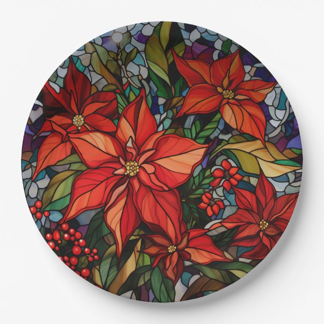 Farbenfrohe gestanzte Gläser Poinsettias & Holly Pappteller (Vorderseite)