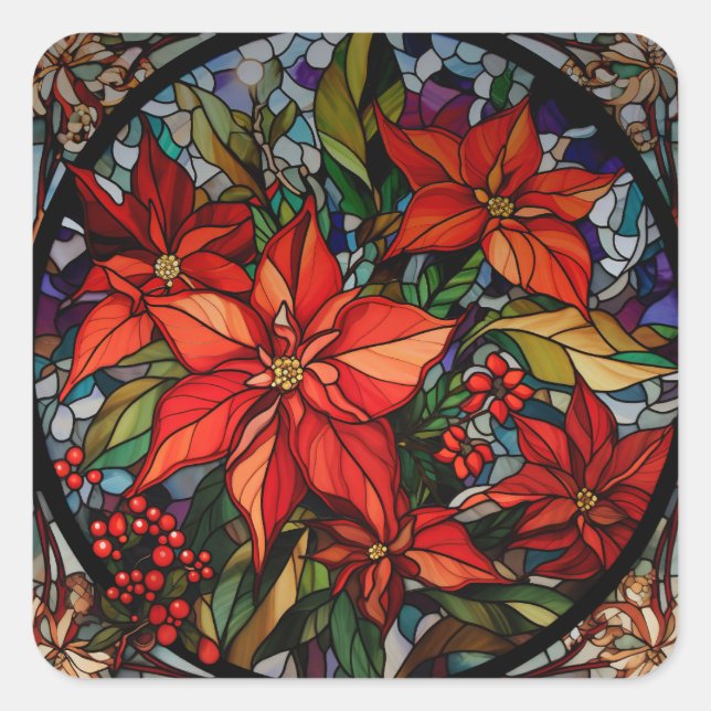 Farbenfrohe gestanzte Gläser Poinsettias & Holly Quadratischer Aufkleber (Vorderseite)
