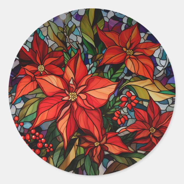 Farbenfrohe gestanzte Gläser Poinsettias & Holly Runder Aufkleber (Vorderseite)