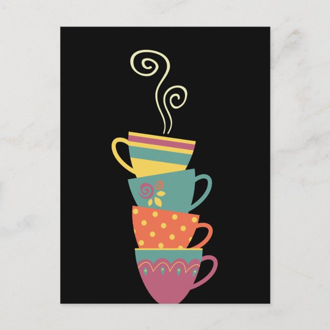 Farbenfrohe gestapelte Tee-/Kaffeebecher, dampfhei Postkarte (Vorderseite)