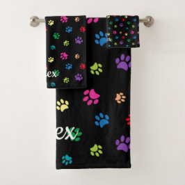 Farbenfrohe gestrichene Paw-Prints auf schwarz Badhandtuch Set