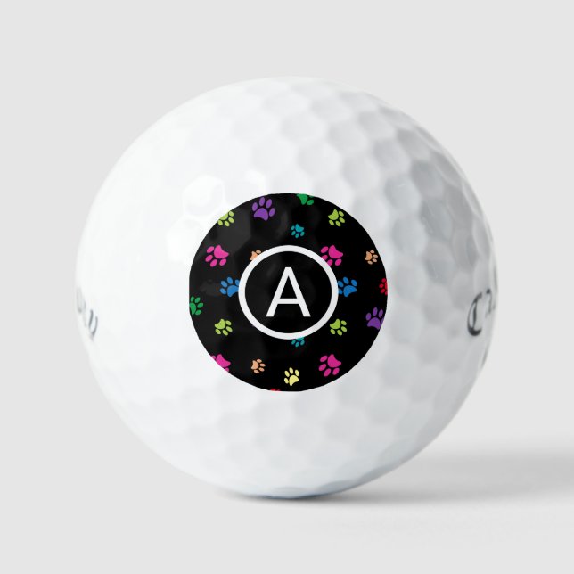 Farbenfrohe gestrichene Paw Prints Monogramm Golfball (Vorderseite)