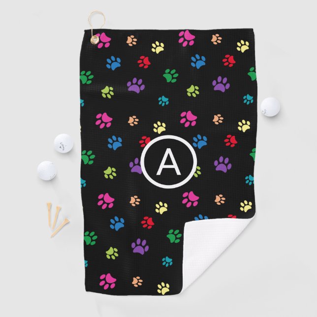 Farbenfrohe gestrichene Paw Prints Monogramm Golfhandtuch (Insitu)