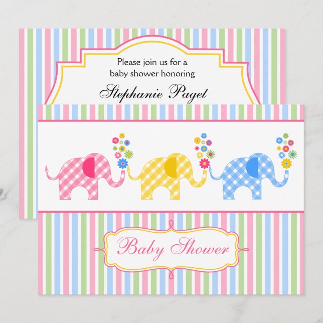 Farbenfrohe Gingham Elephants Babydusche Einladung (Vorne/Hinten)