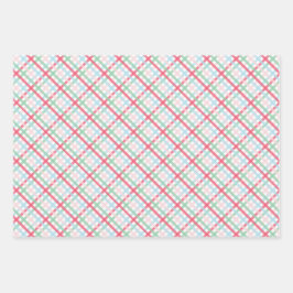 Farbenfrohe Gingham- und Weihnachtsbäume Geschenkpapier Set