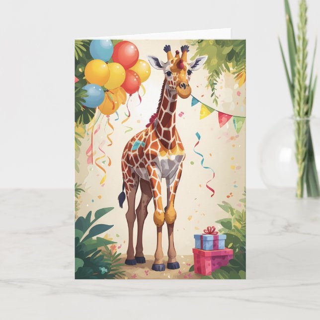 Farbenfrohe Giraffe mit Balloons im Dschungel | Ka Karte (Vorderseite)
