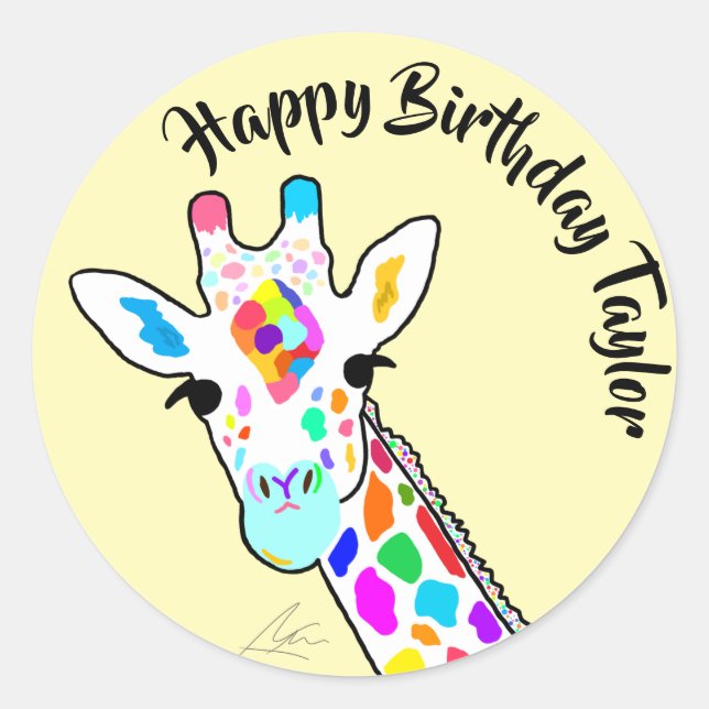 Farbenfrohe Giraffe Moderne Kunst Gelb Runder Aufkleber (Vorderseite)