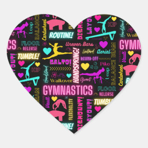 Farbenfrohe Girls Gymnastik Glossartypografie Herz-Aufkleber