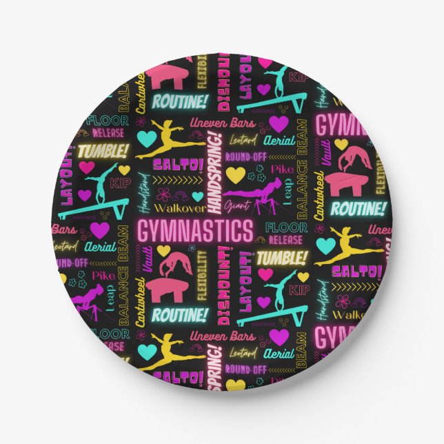 Farbenfrohe Girls Gymnastik Glossartypografie Pappteller (Vorderseite)