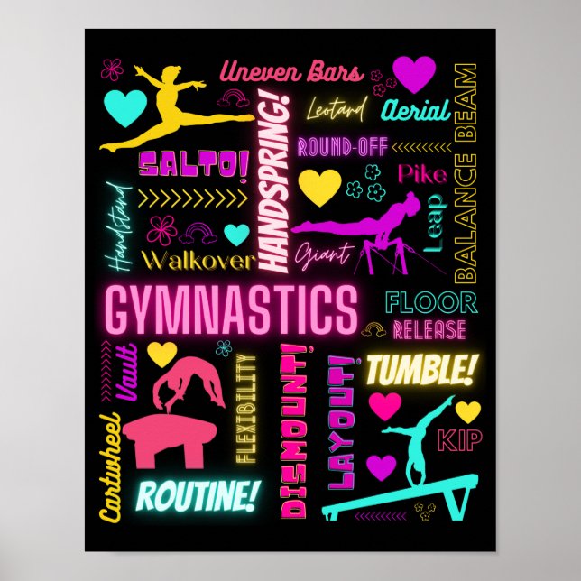 Farbenfrohe Girls Gymnastik Glossartypografie Poster (Vorne)