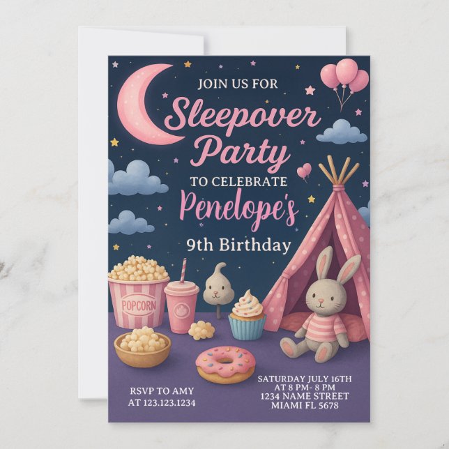 Farbenfrohe Girls Sleepover Party Einladung (Vorderseite)