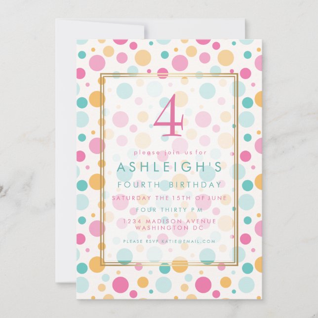 Farbenfrohe Girly Polka Dots Kindergeburt Party Einladung (Vorderseite)