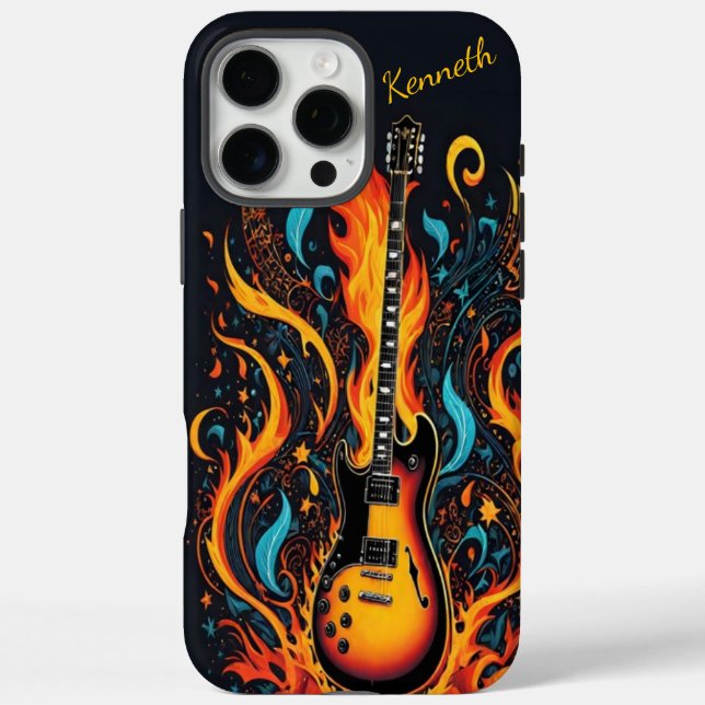 Farbenfrohe Gitarre mit Flammen iPhone 16 Pro Max Hülle (Rückseite)