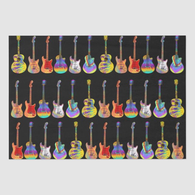 Farbenfrohe Gitarren auf schwarz Seidenpapier (Vorderseite)