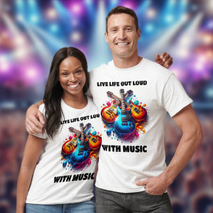 Farbenfrohe Gitarren Live Life Out Loud mit Musik T-Shirt