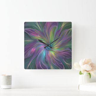 Farbenfrohe glänzende Fantasy-Blumen-Abstrakte-Fra Quadratische Wanduhr