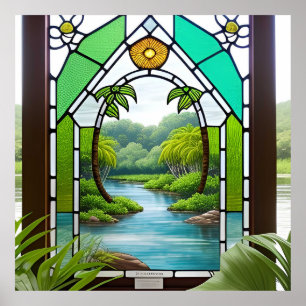 Farbenfrohe Glasfenster Naturlandschaft Poster