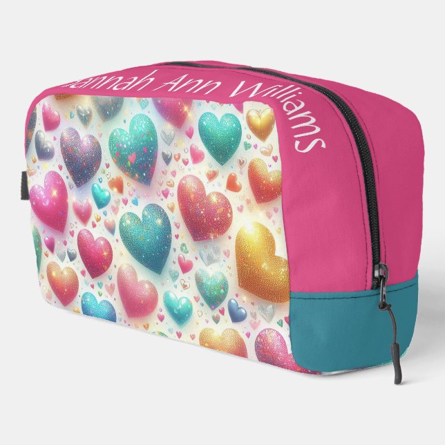 Farbenfrohe Glittery Hearts Personalisiert Waschbeutel (Rechte Ecke)