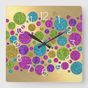 Farbenfrohe Glitzer Dots Gold Acrylwand Uhr