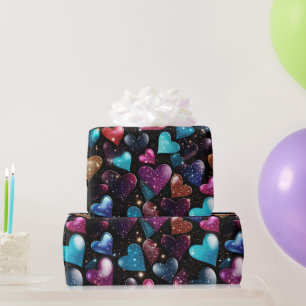 Farbenfrohe glitzernde Herzmuster Geschenkpapier