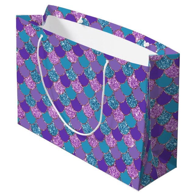 Farbenfrohe glitzernde Mermaid-Skalen Große Geschenktüte (Rückseite Schrägansicht)