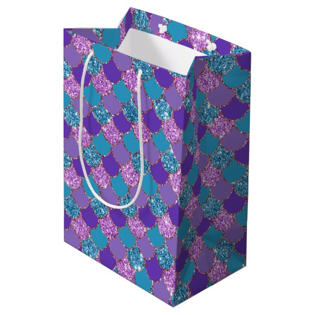 Farbenfrohe glitzernde Mermaid-Skalen Mittlere Geschenktüte (Rückseite Schrägansicht)
