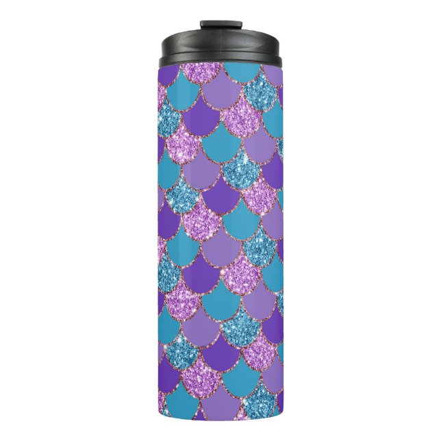 Farbenfrohe glitzernde Mermaid-Skalen Thermosbecher (Vorderseite)