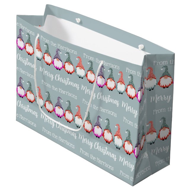 Farbenfrohe Gnomes Frohe Weihnachten Große Geschenktüte (Vorderseite Schrägansicht)