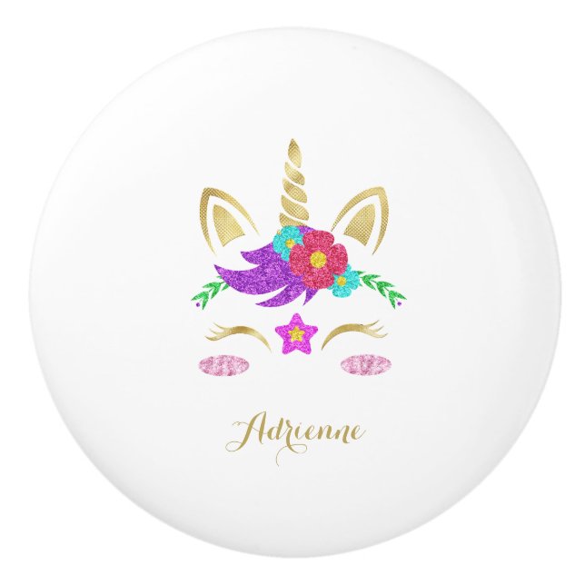 Farbenfrohe Gold Einhorn Personalisierter Name Wei Keramikknauf (Vorderseite)