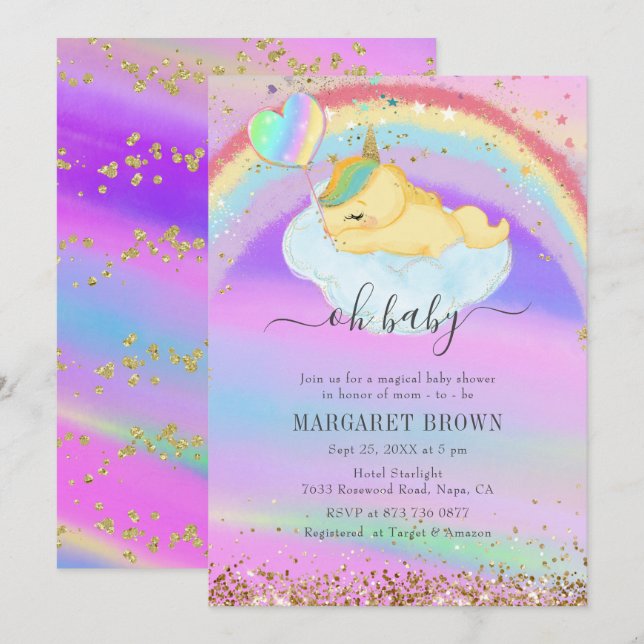 Farbenfrohe Gold Glitzer Sleeping Unicorn Kinderdu Einladung (Vorne/Hinten)