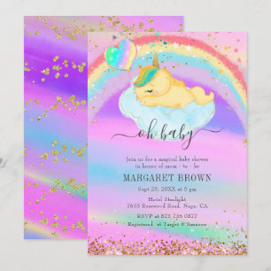 Farbenfrohe Gold Glitzer Sleeping Unicorn Kinderdu Einladung