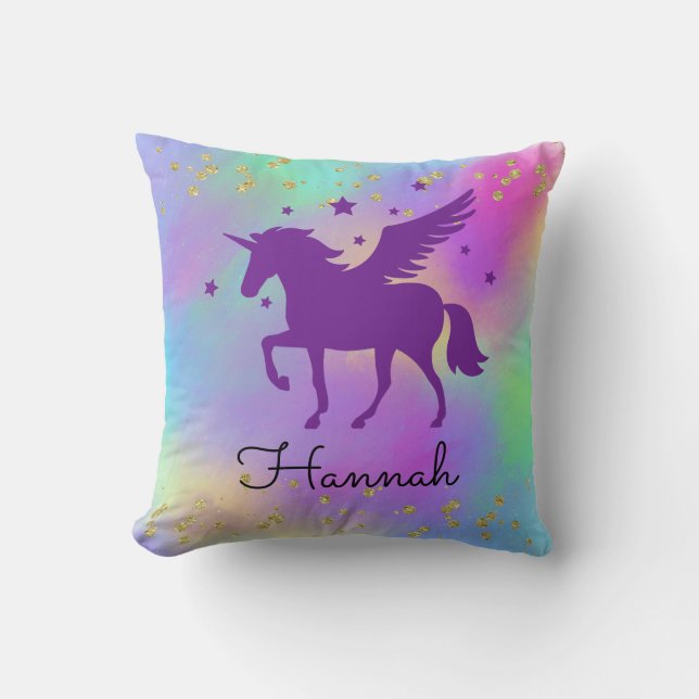 Farbenfrohe goldene Fesseln Lila Einhorn Kissen (Vorderseite)