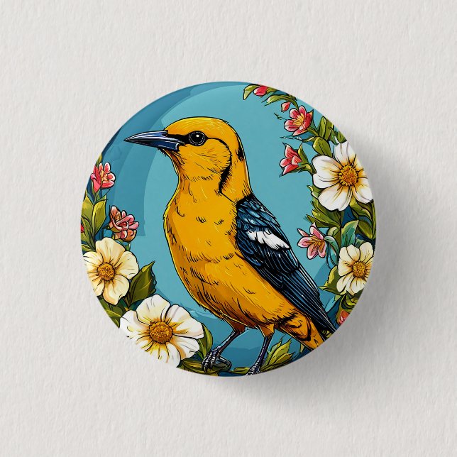 Farbenfrohe goldene Vogelgezwitscher Blühende Blum Button (Vorderseite)