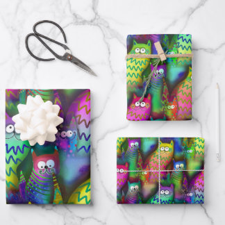 Farbenfrohe Grafikkatzen mit Grins 3 Geschenk Geschenkpapier Set