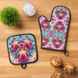 Farbenfrohe Granatapfel Ofenhandschuh & Topflappen-Set