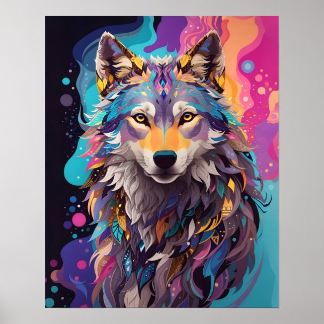 Farbenfrohe graue Wolf Neon Farben Poster (Vorne)