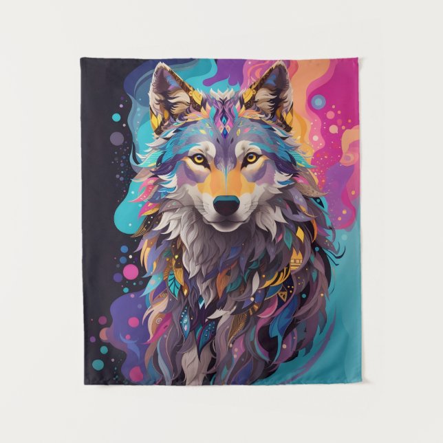 Farbenfrohe graue Wolf Neon Farben Wandteppich (Vorderseite)