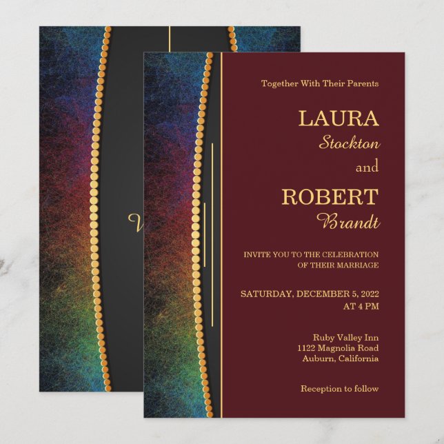 Farbenfrohe Grenze mit Gold Hochzeit Einladung (Vorne/Hinten)